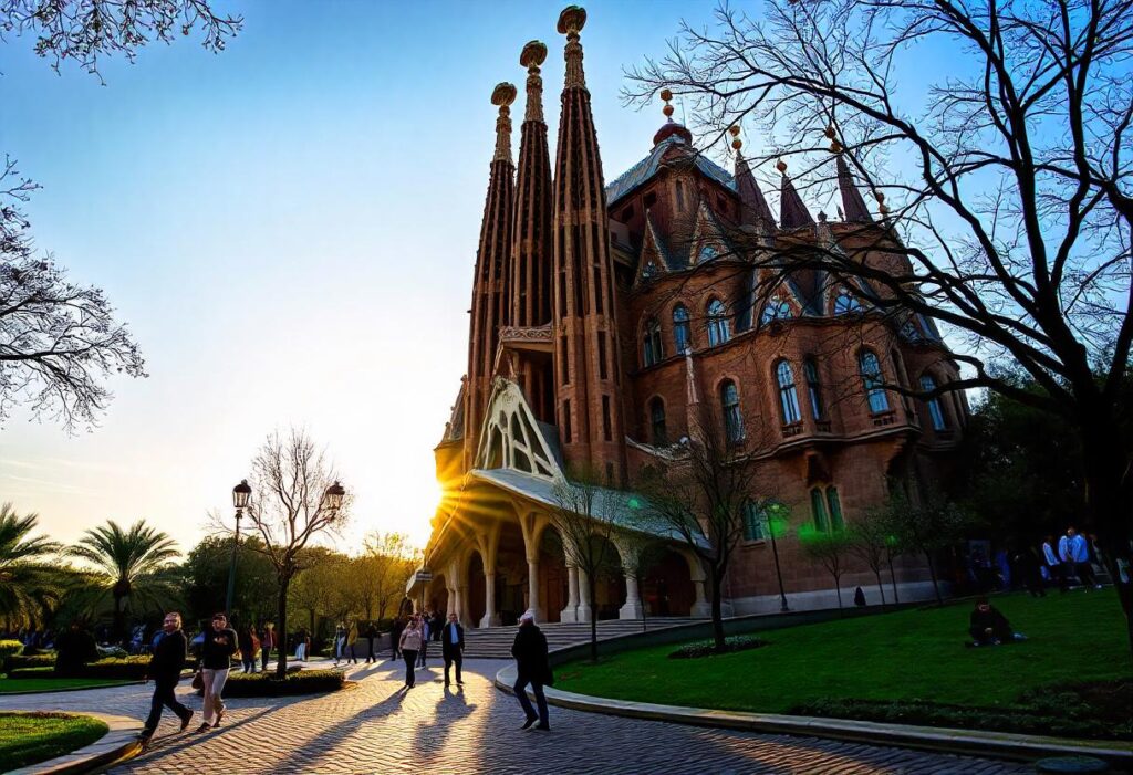 A beautiful and serene morning scene in Barcelona, featuring a visit to the architectural wonders of Antoni Gaudí. The sun gently illuminates the intricate details of the Sagrada Familia, casting long shadows on the cobblestone streets. The surrounding park is lush and green, with people walking and admiring the unique, organic shapes of Gaudí's work. The sky is clear with soft pastel colors, creating a peaceful and reflective atmosphere, as if on a quiet date with the genius of Gaudí himself. The composition captures the fusion of nature and art that defines Gaudí's style.