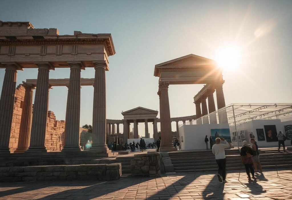 Depict a serene midday scene where history and art come together. In the foreground, show a blend of ancient historical architecture, such as a grand stone monument or classical ruins, bathed in the bright, high-noon sunlight. The sun casts sharp, dramatic shadows, highlighting the intricate details of the structure. In the background, an art gallery or open-air exhibition is present, featuring modern or contemporary artworks, with visitors admiring the pieces. The scene should reflect a perfect harmony between the past and present, where history meets the creativity of the modern art world, with clear skies above and a tranquil, yet inspiring atmosphere.